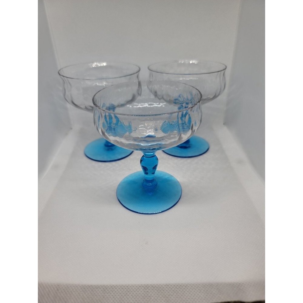 4" Clear optic Champagne/ Sherbet/Goblet with  Blue Stem~Set Of 3